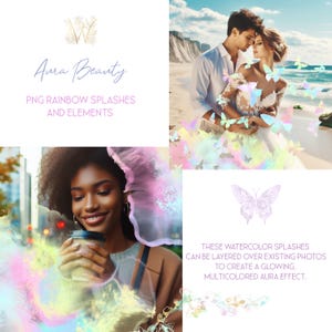 May include: A digital illustration of a butterfly with a watercolor effect. The butterfly is surrounded by a rainbow-colored aura. The text "Aura Beauty" is at the top of the image. The text "PNG Rainbow Splashes and Elements" is below the butterfly. The text "These watercolor splashes can be layered over existing photos to create a glowing, multicolored aura effect." is at the bottom of the image.