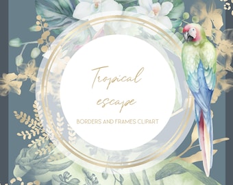 Può includere: Un'illustrazione ad acquerello di una scena tropicale con un pappagallo, orchidee e felci. L'illustrazione è incorniciata da un cerchio dorato e dal testo "Tropical escape" e "Borders and Frames Clipart".