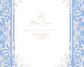 Royal Blue Baroque Frame Clipart Set, Hand Drawn Watercolor Vintage Borders & Dividers PNG, ornamental corners