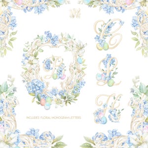 Könnte beinhalten: Aquarell-Blumenmonogrammbuchstaben in einem dekorativen Stil. Die Buchstaben sind von blauen Hortensien, weißen Lilien und pastellfarbenen Ostereiern umgeben. Das Bild enthält den Text "INCLUDES FLORAL MONOGRAM LETTERS".