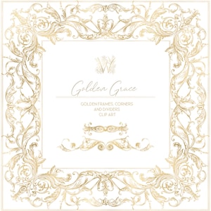 Op de afbeelding: Een vierkant, sierlijk gouden frame met bloemen- en bladerontwerpen, omgeven door een witte achtergrond. De tekst "Golden Grace" en "GOLDEN FRAMES, CORNERS AND DIVIDERS CLIP ART" staan in het midden. Extra decoratieve elementen eronder.