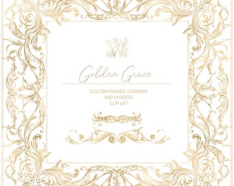 May include: A square, ornate gold frame with floral and leaf designs, surrounding a white background. The text "Golden Grace" and "GOLDEN FRAMES, CORNERS AND DIVIDERS CLIP ART" are displayed in the center. Additional decorative elements are below.