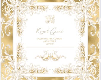 May include: A digital graphic featuring ornate, white, floral-style frames, corners, and dividers on a gold background. The text "Royal Grace" is displayed, along with the words "Golden Frames, Corners and Dividers Clip Art".