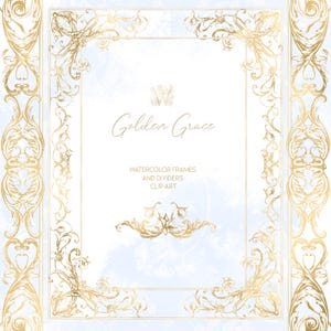 Może przedstawiać: Eleganckie złote ramki i dzielniki akwarelowe z ozdobnymi kwiatowymi wzorami. Obraz zawiera tekst "Golden Grace" i "Watercolor Frames and Dividers Clip Art" na jasnoniebieskim i białym tle.