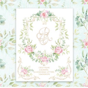 May include: A digital art print featuring a floral crest frame with pink roses, green leaves, and a monogram letter. The print includes 6 borders, 26 monogram letters, and 5 backdrops. The design has a soft, watercolor style.