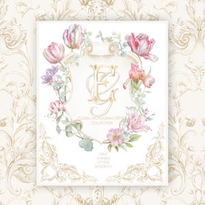 Imágenes prediseñadas de escudo floral Regency, marco dibujado a mano, monograma vintage romántico, boda elegante, flores de tulipán