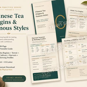 Peut inclure: Un guide imprimable de 20 pages intitulé Tea Practice Series Volume 2 : Chinese Tea Origins & Famous Styles. Le document présente des pages vert foncé et crème avec du texte, des graphiques et des tableaux détaillant les régions du thé.