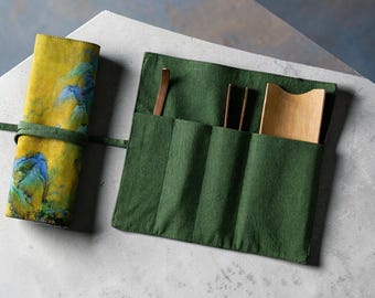 Gong Fu Cha Bambus Tee Zubehör mit Stoffrolle - Teezeremonie Set, Reisezubehör