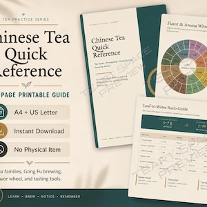 May include: A 15-page printable Chinese Tea Quick Reference guide featuring a flavor and aroma wheel, leaf-to-water ratio charts, and brewing instructions. The document includes text in English, presented on a cream background with dark green accents.