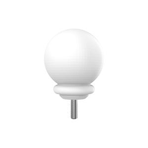 May include: White round finial with a threaded metal screw. The finial is a decorative element used on furniture, curtains, and other home decor items.