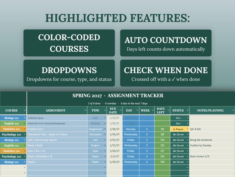 Evergreen Assignment Tracker Google Sheets, Semester Planner, Homework ...