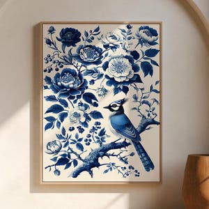Blue Jay Chinoiserie Print: Floral Bird Wall Art (Digital Download)