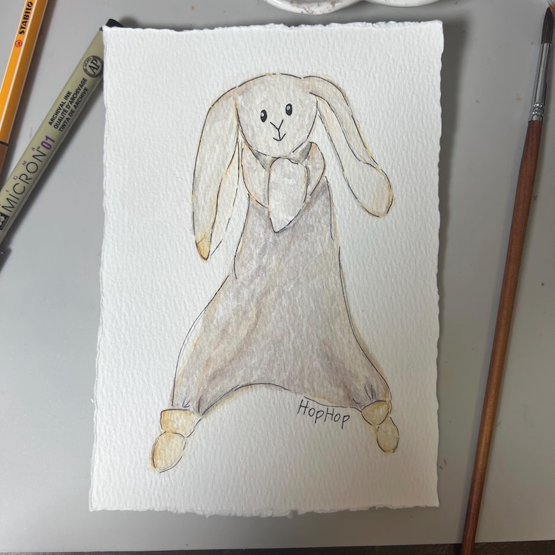 Watercolor Portrait Custom Lovey Painting Hand Painted Illustration Stuffed Animal Toy Artwork Personalized Keepsake Nursery Wall Art Bedroom Decoration Special Memory Preservation Children Room Display Beautiful Unique Design Custom Name