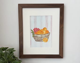 Citrus Watercolor Print | Orange Basket Kitchen Art | 5x7 Fruit & Floral Still Life Wall Decor
