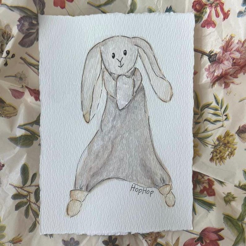 Custom Lovey Painting Watercolor Portrait Stuffed Animal Toy Illustration Personalized Keepsake Nursery Wall Art Bedroom Decoration Baby Shower Gift Children Room Display Special Toy Memento Hand Painted Artwork Unique Sentimental Present