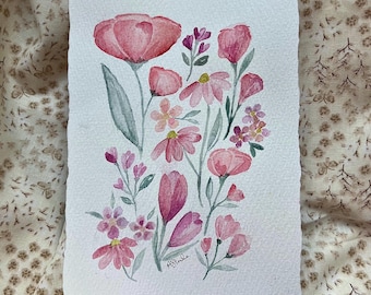 Handmade Watercolor Floral Painting: Pink Poppies, Cottagecore Art (5x7 inch)