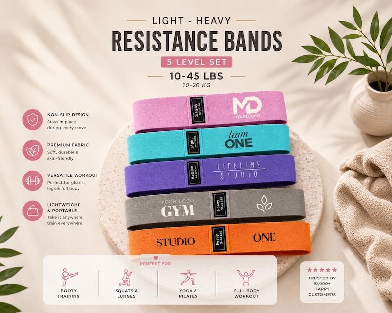 May include: Bring your own logo resitance bands light medium and heavy. Hip Resistance Band Resistance Band for Working Out Custom Logo Fitness Band Non Slip Fabric Hip & Glute Band Squat Booty and Leg Exercise yoga studio band Pilats cutsom bands, spa and medical office personalize bring your logo non slip resistance bands
