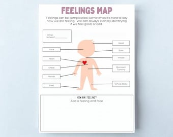 Può includere: Un grafico Feelings Map con un diagramma di una persona e parti del corpo etichettate. Il grafico include il testo "Feelings Map" e richiede di identificare i sentimenti. Il grafico è progettato per aiutare a identificare ed esprimere le emozioni.