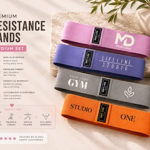 May include: Bring your own logo resitance bands light medium and heavy. Hip Resistance Band Resistance Band for Working Out Custom Logo Fitness Band Non Slip Fabric Hip & Glute Band Squat Booty and Leg Exercise yoga studio band Pilats cutsom bands, spa and medical office personalize bring your logo non slip resistance bands