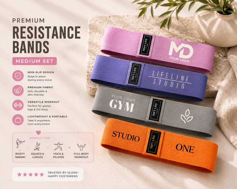 May include: Bring your own logo resitance bands light medium and heavy. Hip Resistance Band Resistance Band for Working Out Custom Logo Fitness Band Non Slip Fabric Hip & Glute Band Squat Booty and Leg Exercise yoga studio band Pilats cutsom bands, spa and medical office personalize bring your logo non slip resistance bands