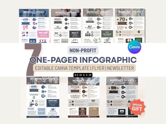 NonProfit One Pager INFOGRAPHIC Editable Canva Template Impact Annual Report Summary Non-profit Newsletter Template Social Media Bundle