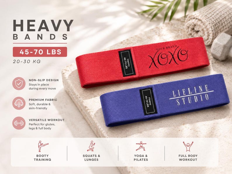 May include: Bring your own logo resitance bands light medium and heavy. Hip Resistance Band Resistance Band for Working Out Custom Logo Fitness Band Non Slip Fabric Hip & Glute Band Squat Booty and Leg Exercise yoga studio band Pilats cutsom bands, spa and medical office personalize bring your logo non slip resistance bands