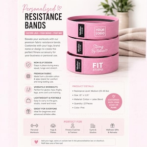 May include: Bring your own logo resitance bands light medium and heavy. Hip Resistance Band Resistance Band for Working Out Custom Logo Fitness Band Non Slip Fabric Hip & Glute Band Squat Booty and Leg Exercise yoga studio band Pilats cutsom bands, spa and medical office personalize bring your logo non slip resistance bands