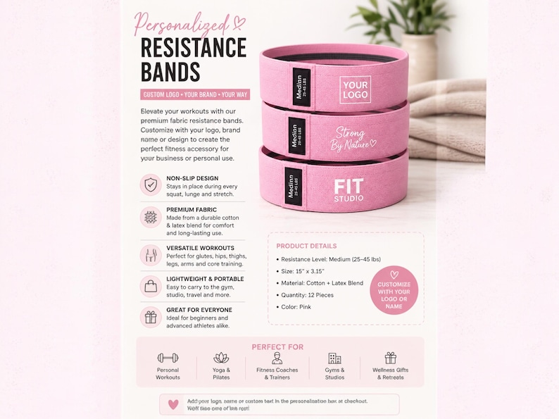 May include: Bring your own logo resitance bands light medium and heavy. Hip Resistance Band Resistance Band for Working Out Custom Logo Fitness Band Non Slip Fabric Hip & Glute Band Squat Booty and Leg Exercise yoga studio band Pilats cutsom bands, spa and medical office personalize bring your logo non slip resistance bands