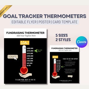 May include: Two black and white fundraising thermometer templates with red thermometer bars. The thermometer on the left has a red heart in a hand and the text "Donate" and "We are here". The thermometer on the right has a red heart in a hand and the text "Thank you for your support". Both thermometers have the text "Fundraising Thermometer" and "Add Your Tagline Here".
