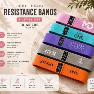 May include: Bring your own logo resitance bands light medium and heavy. Hip Resistance Band Resistance Band for Working Out Custom Logo Fitness Band Non Slip Fabric Hip & Glute Band Squat Booty and Leg Exercise yoga studio band Pilats cutsom bands, spa and medical office personalize bring your logo non slip resistance bands