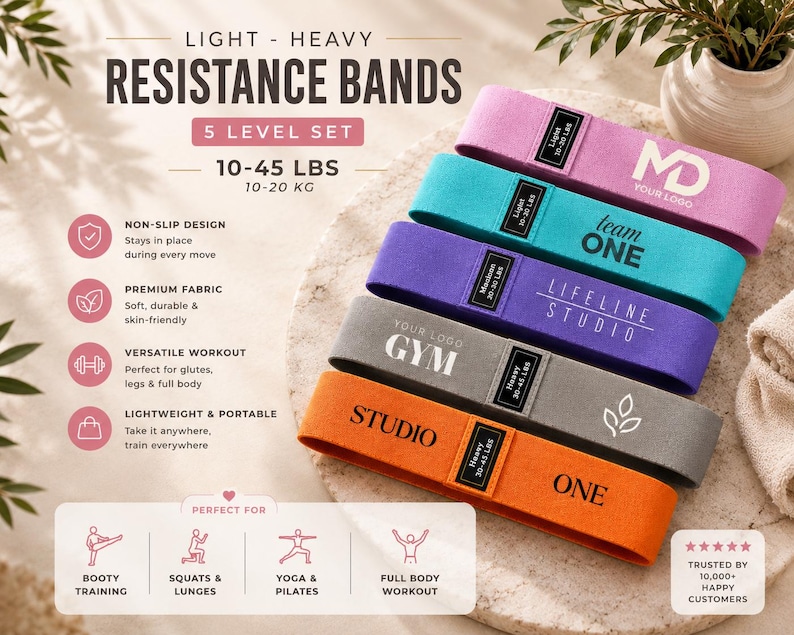 May include: Bring your own logo resitance bands light medium and heavy. Hip Resistance Band Resistance Band for Working Out Custom Logo Fitness Band Non Slip Fabric Hip & Glute Band Squat Booty and Leg Exercise yoga studio band Pilats cutsom bands, spa and medical office personalize bring your logo non slip resistance bands
