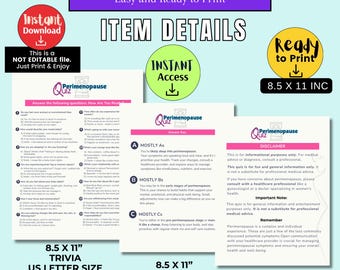 May include: Printable perimenopause quiz, answer key, and disclaimer. The quiz has 20 questions about common symptoms. The answer key explains the stages of perimenopause. The disclaimer states that the quiz is for informational purposes only and not a substitute for professional medical advice.