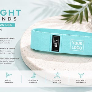 May include: Bring your own logo resitance bands light medium and heavy. Hip Resistance Band Resistance Band for Working Out Custom Logo Fitness Band Non Slip Fabric Hip & Glute Band Squat Booty and Leg Exercise yoga studio band Pilats cutsom bands, spa and medical office personalize bring your logo non slip resistance bands