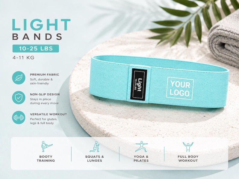 May include: Bring your own logo resitance bands light medium and heavy. Hip Resistance Band Resistance Band for Working Out Custom Logo Fitness Band Non Slip Fabric Hip & Glute Band Squat Booty and Leg Exercise yoga studio band Pilats cutsom bands, spa and medical office personalize bring your logo non slip resistance bands