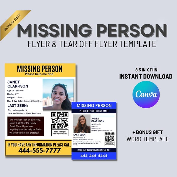Missing Person Flyer Editable Template Missing Persons Tear Off Flyer Missing Persons Poster Template Personne Disparu Canva Temp