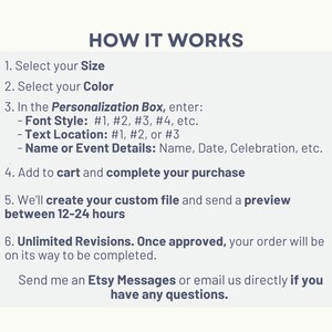 May include: An instructional graphic titled HOW IT WORKS with six numbered steps for ordering custom items. It details selecting size and color, entering font style, text location, and event details in the personalization box, plus preview and revision info.