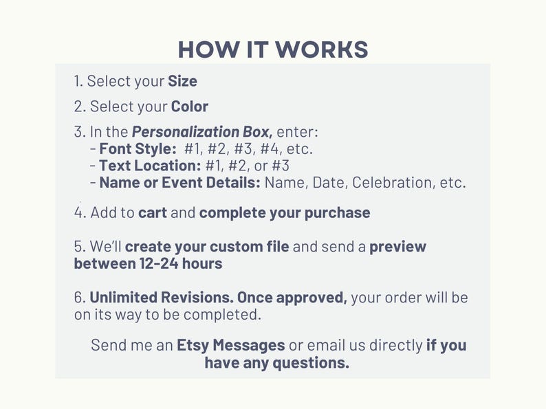 May include: An instructional graphic titled HOW IT WORKS with six numbered steps for ordering custom items. It details selecting size and color, entering font style, text location, and event details in the personalization box, plus preview and revision info.