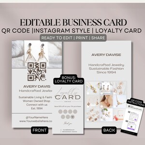 Modèle de carte de visite personnalisable Carte de fidélité Conception de carte de visite Instagram Modèle de carte de visite code QR Modèle de carte de visite IG