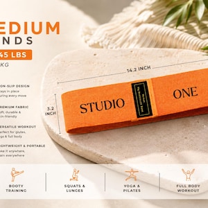 May include: Bring your own logo resitance bands light medium and heavy. Hip Resistance Band Resistance Band for Working Out Custom Logo Fitness Band Non Slip Fabric Hip & Glute Band Squat Booty and Leg Exercise yoga studio band Pilats cutsom bands, spa and medical office personalize bring your logo non slip resistance bands