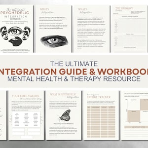 Puede incluir: Un libro de trabajo y guía titulado "The Ultimate Psychedelic Integration Workbook" con el subtítulo "A Transformative Guide for Integrating Mind, Body, Spirit, and Soul". La portada presenta una ilustración de ojo y oreja. Un recurso de salud mental y terapia.