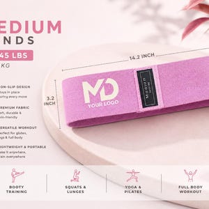 May include: Bring your own logo resitance bands light medium and heavy. Hip Resistance Band Resistance Band for Working Out Custom Logo Fitness Band Non Slip Fabric Hip & Glute Band Squat Booty and Leg Exercise yoga studio band Pilats cutsom bands, spa and medical office personalize bring your logo non slip resistance bands