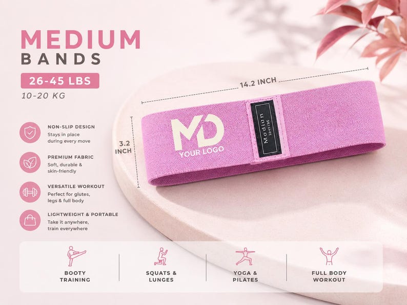 May include: Bring your own logo resitance bands light medium and heavy. Hip Resistance Band Resistance Band for Working Out Custom Logo Fitness Band Non Slip Fabric Hip & Glute Band Squat Booty and Leg Exercise yoga studio band Pilats cutsom bands, spa and medical office personalize bring your logo non slip resistance bands