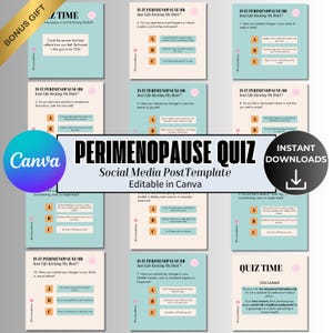 Op de afbeelding: Een sjabloon voor een social media post voor een Perimenopause Quiz. De sjabloon is ontworpen voor gebruik in Canva en bevat een quiz met meerkeuzevragen. De sjabloon is in een lichtblauw en roze kleurenschema met een roze cirkel met de tekst "Quiz Time" en een roze rechthoek met de tekst "Direct downloaden".