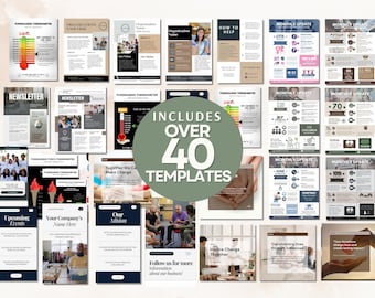 Puede incluir: Una colección de más de 40 plantillas para boletines, recaudación de fondos y actualizaciones mensuales. Las plantillas presentan varios diseños con texto y gráficos, incluidos termómetros, gráficos e imágenes de personas. El texto "Includes Over 40 Templates" está en un círculo verde.