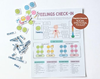 Könnte beinhalten: Ein sozial-emotionales Toolkit mit einer Gefühls-Check-in-Tabelle und Magnetfliesen. Die Tabelle zeigt ein Körperdiagramm und Abschnitte zur Identifizierung von Gefühlen mit farbcodierten Kategorien. Enthält Wörter wie "Entspannt" und "Glücklich".