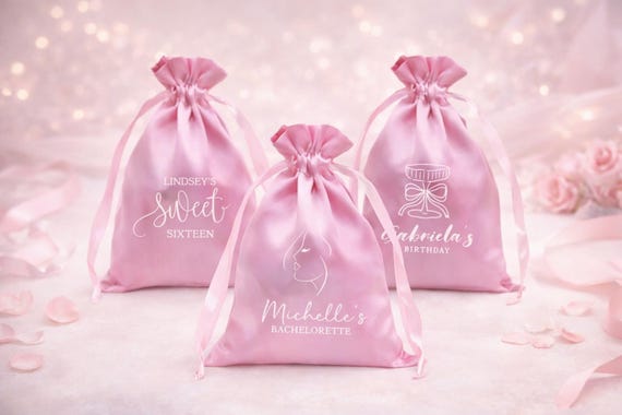 Personalized Satin Drawstring Bag Custom Guest Gift Bag Birthday Favor Bag Bridal Shower Thank you Party Favor Satin Guest Pouch Grad Gift
