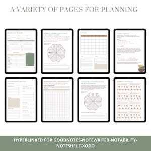 May include: A digital planner with various pages for planning, including a health goal planner, mood tracker, monthly calendar, sleep tracker, and workout tracker. The text "A Variety of Pages for Planning" is at the top. The bottom text reads "Hyperlinked for Goodnotes-Notewriter-Notability-Noteshelf-Xodo."