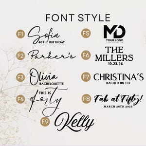 May include: A font style chart displaying nine distinct black typography options labeled F1 through F9. Each option features sample text including names like Sofia, Parker's, Olivia, Kelly, and phrases such as 40th Birthday, The Millers, and Fab at Fifty.