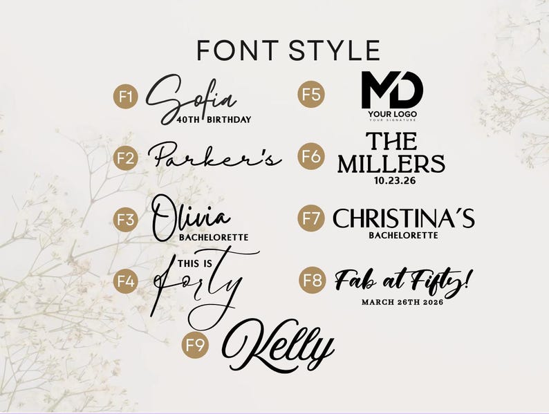 May include: A font style chart displaying nine distinct black typography options labeled F1 through F9. Each option features sample text including names like Sofia, Parker's, Olivia, Kelly, and phrases such as 40th Birthday, The Millers, and Fab at Fifty.