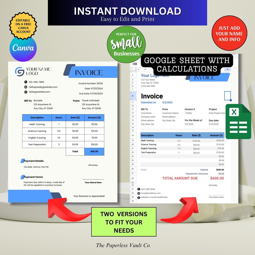 Editable Tutor Invoice Template: Canva & Google Sheets (digital ...
